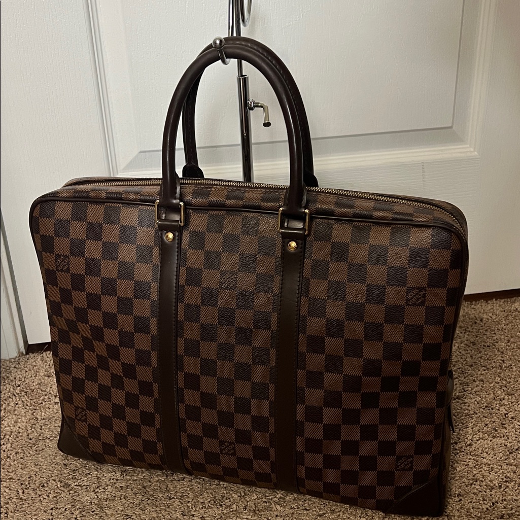 Checkered Brown Leather Travel Bag